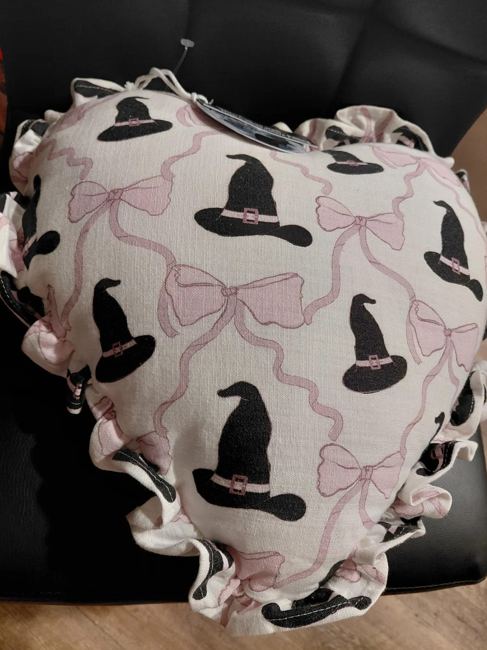 Heart Shaped Witch Hat Print Pillow - Pink & Black